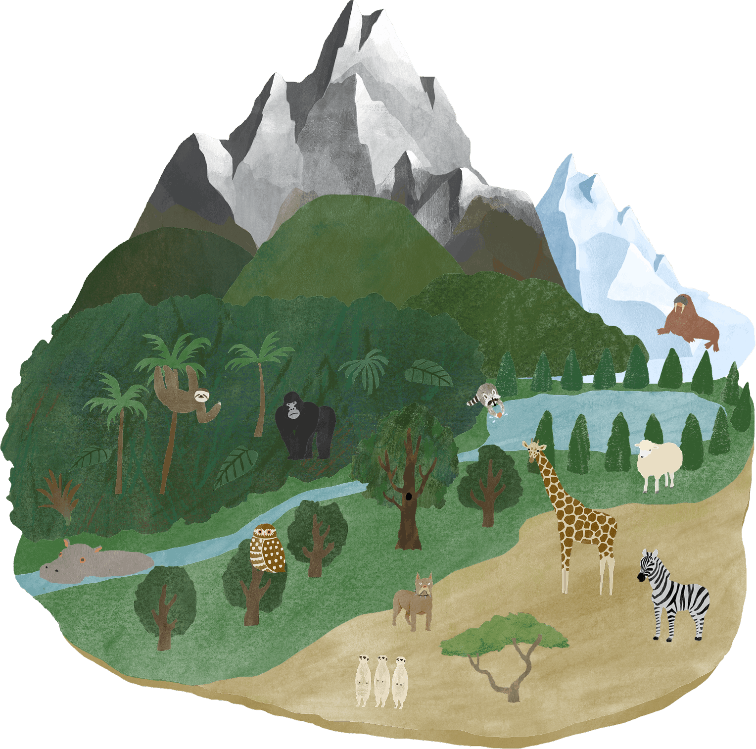 動物たちが住む島のイラスト